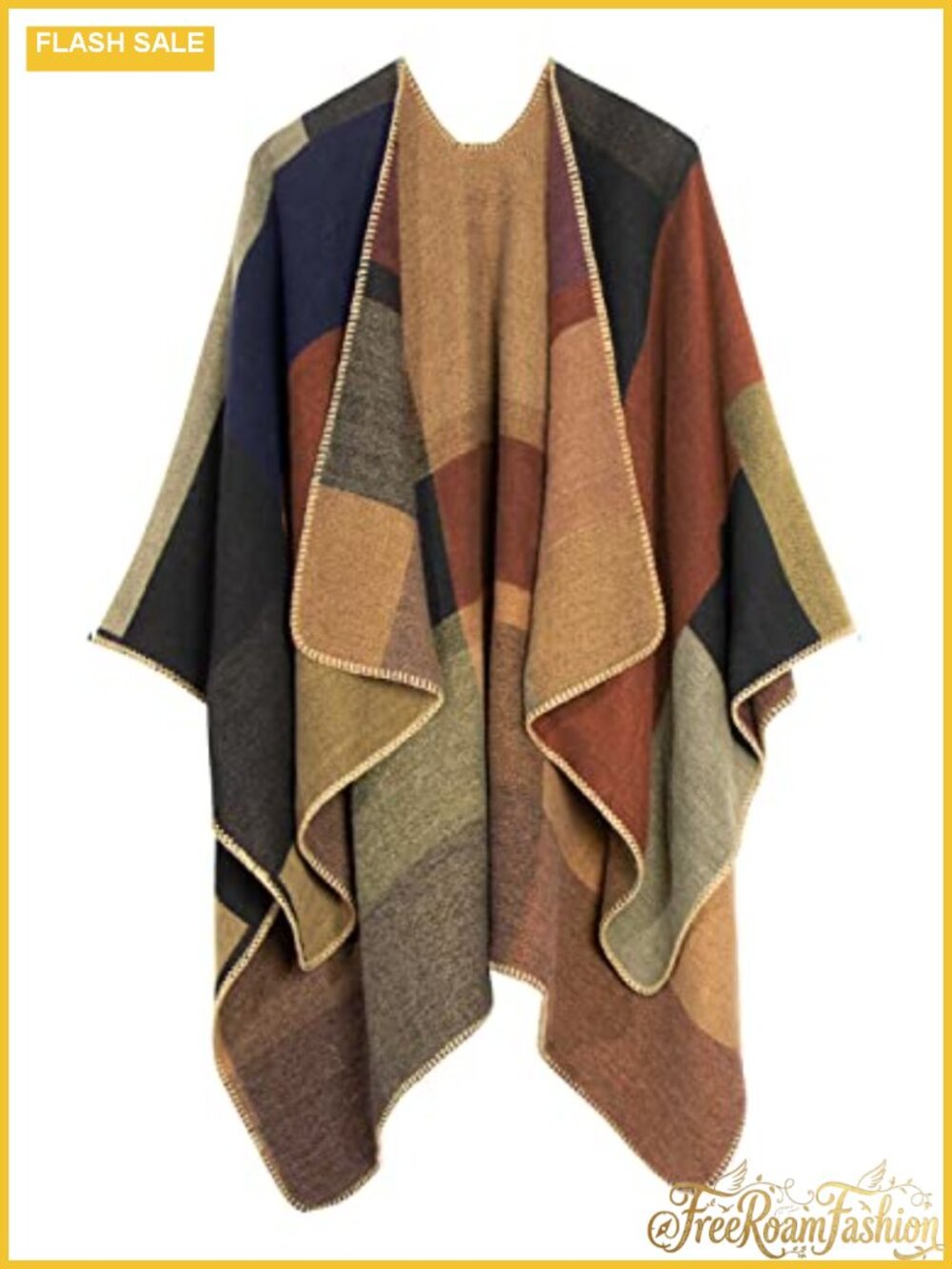Cashmere Plaid Shawl Wrap Open Front Poncho for Women Fall Winter